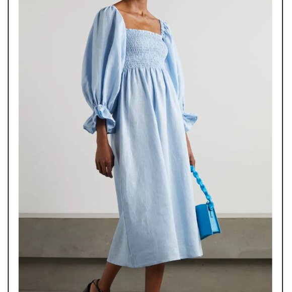 Sleeper Atlanta Midi Linen Dress in Light Blue Puff Sleeve Smocking - Picture 1 of 12